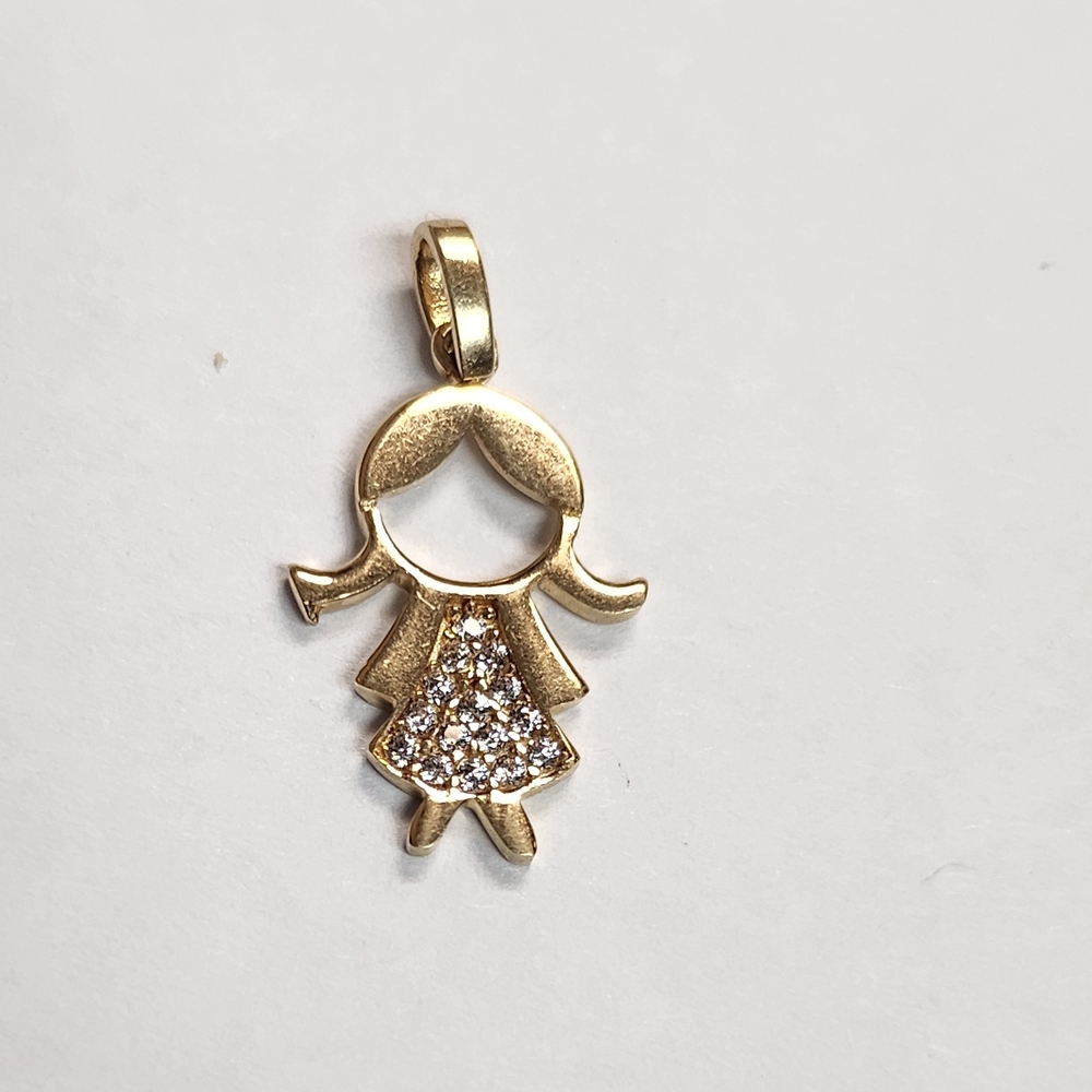 14k YELLOW GOLD Girl Pendant with Rhinestones
